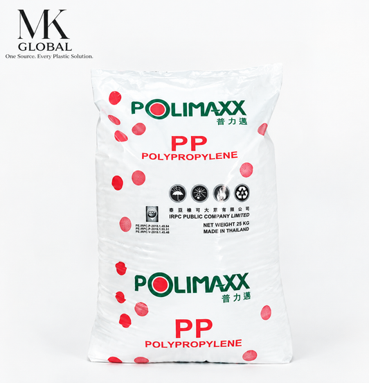 A 25 kg bag of POLIMAXX PP Polypropylene plastic resin, featuring a white bag with green and red branding and scattered red circular graphics, set against a plain white background.