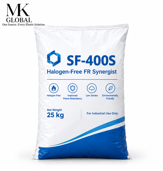 A 25 kg white plastic bag of SF-400S Halogen-Free FR Synergist plastic modifier by MK Global, featuring blue text and a blue wave design at the bottom, on a white background.