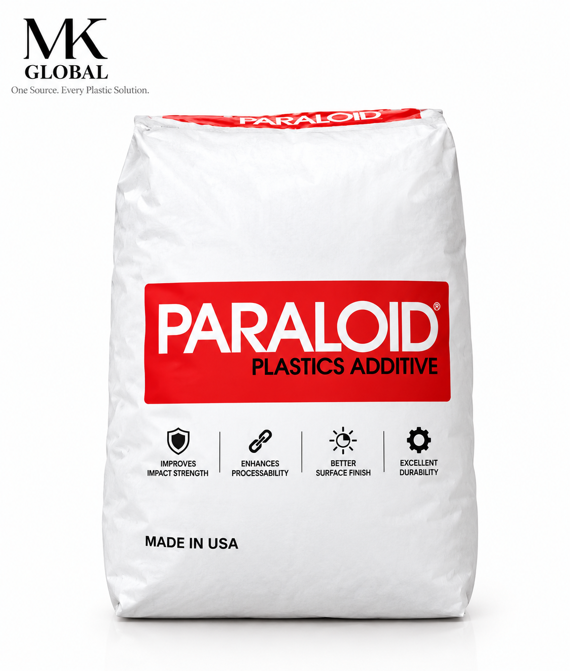Plastic resin Polymer Additives Importer and distributor A large white bag of MK Global Paraloid Plastics Additive, featuring a prominent red label with white text on the front, set against a clean white background. source supplier India bhiwandi mumbai bts 730 impact modifier Impact Modifier Dow BTA 730 Paraloid PVC PP Applications Technical Data Sheet India Polymer Plastic Resin Additive Specification Sheet Dow manufacture Impact Modifier MBS Methacrylate Butadiene Styrene Paraloid Manufacturing