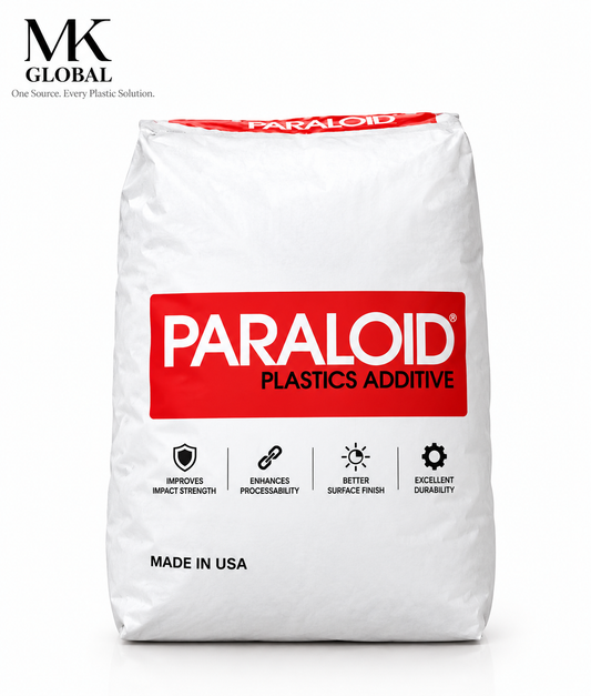 Plastic resin Polymer Additives Importer and distributor A large white bag of MK Global Paraloid Plastics Additive, featuring a prominent red label with white text on the front, set against a clean white background. source supplier India bhiwandi mumbai bts 730 impact modifier Impact Modifier Dow BTA 730 Paraloid PVC PP Applications Technical Data Sheet India Polymer Plastic Resin Additive Specification Sheet Dow manufacture Impact Modifier MBS Methacrylate Butadiene Styrene Paraloid Manufacturing