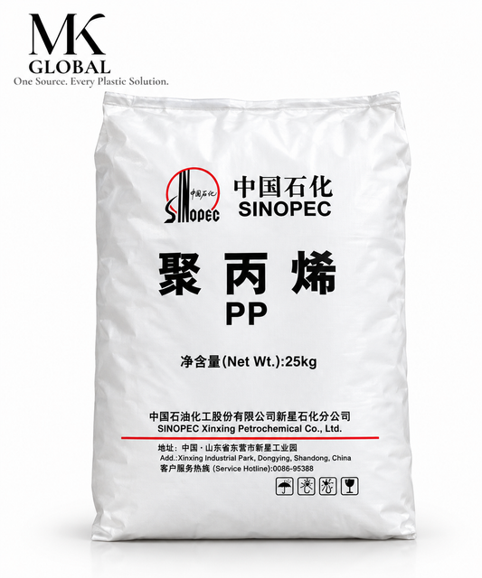 A 25kg white bag of Sinopec Polypropylene PP plastic, featuring the Sinopec logo and Chinese text on a clean white background with an MK Global watermark in the top left corner.