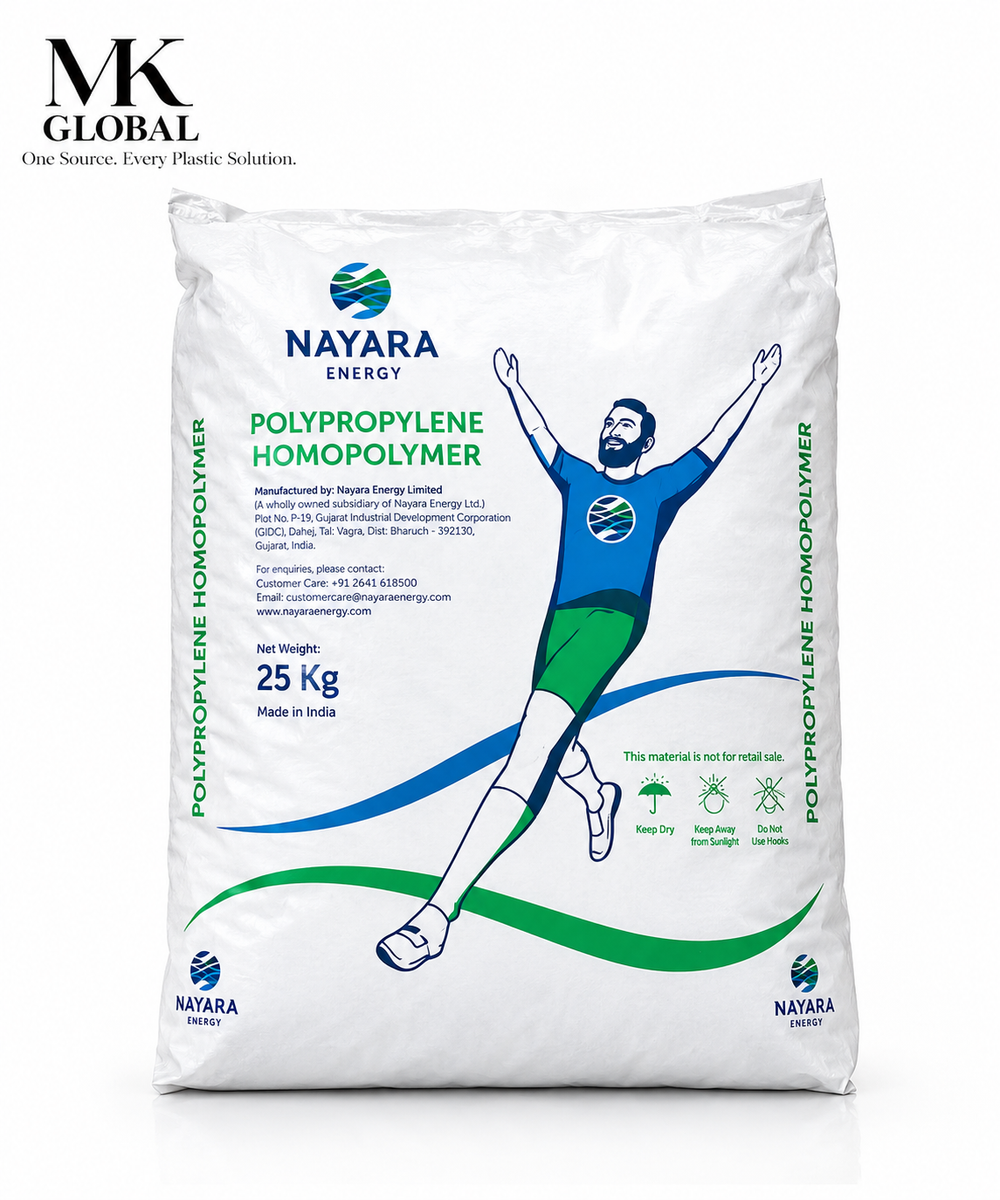 A 25 kg bag of NAYARA ENERGY Polypropylene Homopolymer, manufactured by Naya Renewable Energy. The white bag features green and blue branding, a graphic of a running athlete, and product details, set against a plain white background with a soft shadow.