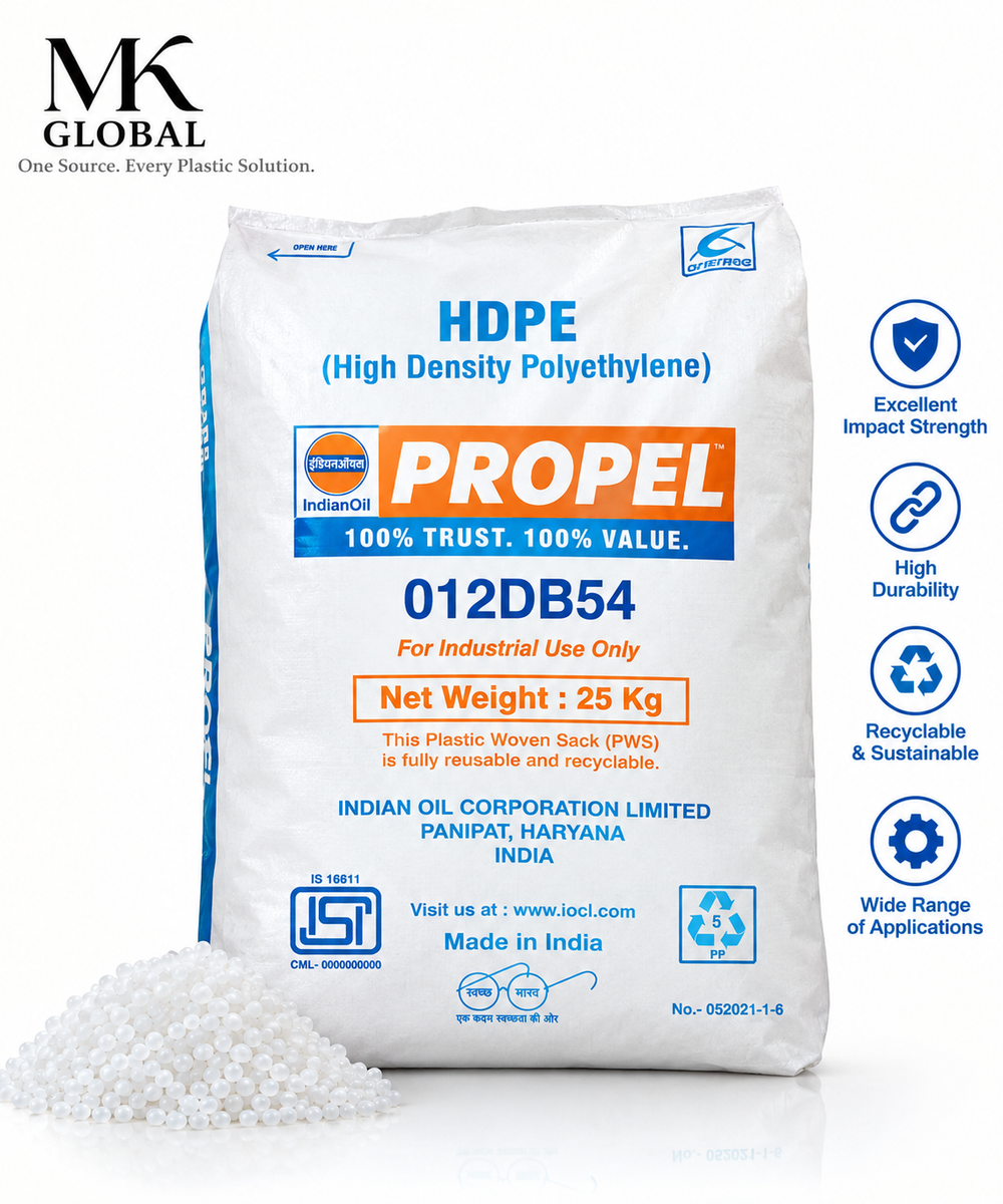 A 25 kg bag of IndianOil Propel HDPE (High Density Polyethylene) plastic pellets, shown on a white background with a small pile of the white pellets in the foreground. The packaging features blue and orange branding, and a vertical column of blue icons on the right highlights product benefits.