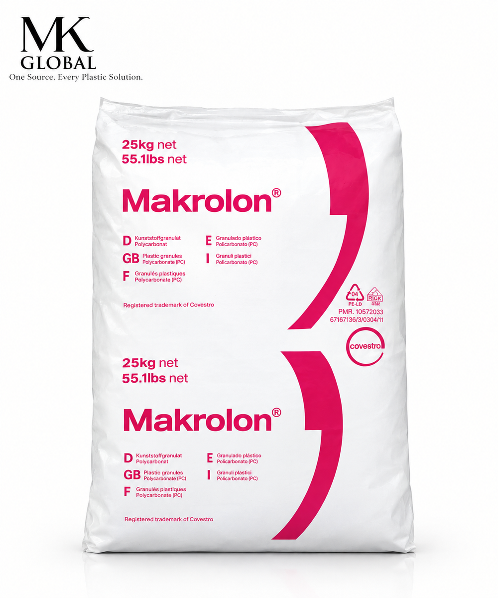 A white bag of Makrolon 25kg plastic pellets, featuring a bold pink logo and technical specifications printed on the front, with the MK Global brand logo in the top left corner.