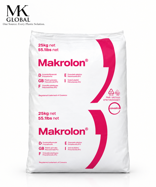 A white bag of Makrolon 25kg plastic pellets, featuring a bold pink logo and technical specifications printed on the front, with the MK Global brand logo in the top left corner.