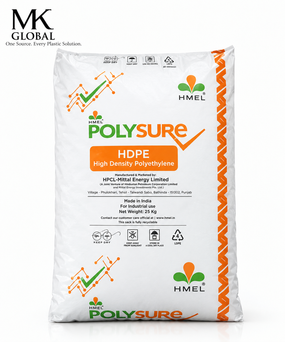 A 25 kg bag of HMEL POLYSURE HDPE High Density Polyethylene, manufactured by HPCL/HMEL Energy Limited. The white bag features orange and green branding, product details, and icons, set against a clean white background with a subtle reflection.