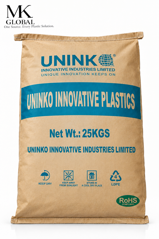 A 25kg brown kraft paper bag of UNINKO Innovative Plastics, featuring blue and white branding and text, with a small green RoHS logo near the bottom right. The UNINKO logo is also visible at the top of the image.