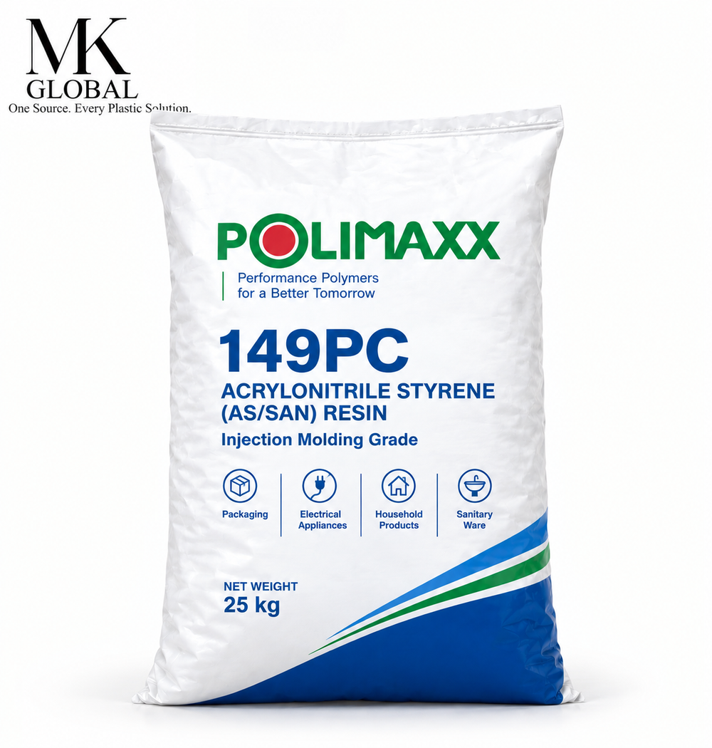 A 25 kg white bag of POLIMAXX 149PC Acrylonitrile Styrene (AS/SAN) Resin, manufactured by MK Global, shown on a clean white background.