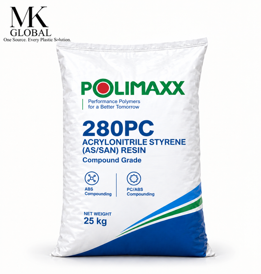 A 25 kg white bag of Polimaxx 280PC Acrylonitrile Styrene (AS/SAN) Resin Compound Grade, featuring green and blue branding and text, with the MK Global logo in the top left corner.