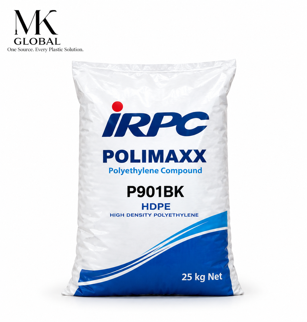 A 25 kg bag of IRPC Polimaxx Polyethylene Compound (P901BK) on a white background, featuring the IRPC brand logo and MK Global watermark in the top left corner.