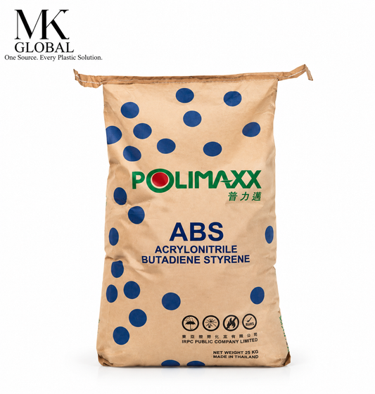 A 25 kg bag of Polimaxx ABS Acrylonitrile Butadiene Styrene plastic resin, featuring a beige paper bag with blue polka dots and green and blue branding, shown on a white background with an MK Global logo in the top left corner.