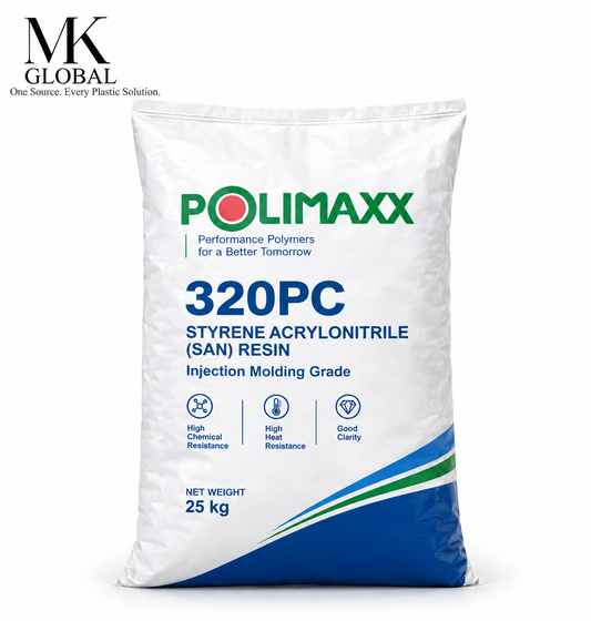 A 25 kg white bag of POLIMAXX 320PC Styrene Acrylonitrile (SAN) Resin for injection molding, featuring green and blue branding and text on a white background with the MK Global logo in the top left corner.