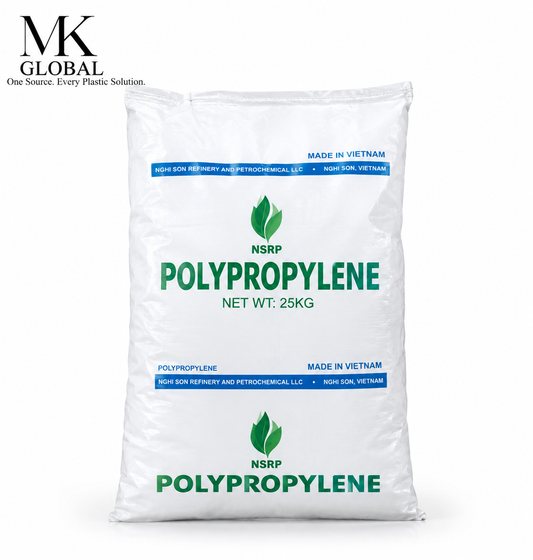 A 25kg white bag of NSRP Polypropylene raw material, featuring green text and a green leaf logo, with the MK Global brand logo in the top left corner.
