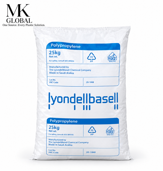 A 25kg white bag of Lyondellbasell Polypropylene plastic pellets, featuring blue printed text and logos, set against a plain white background with the MK Global logo in the top left corner.