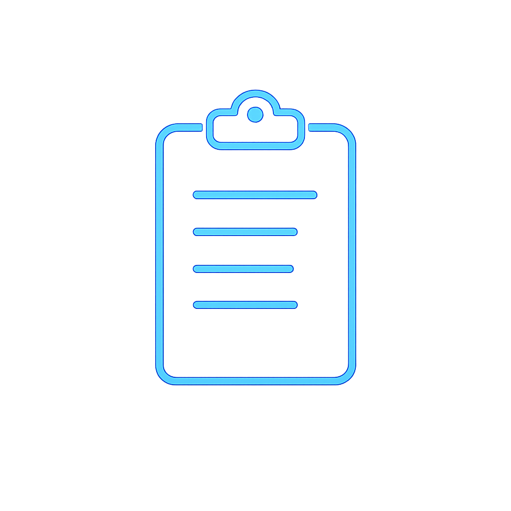 A flat vector-style icon of a clipboard with blue outline and light blue fill on a white background.