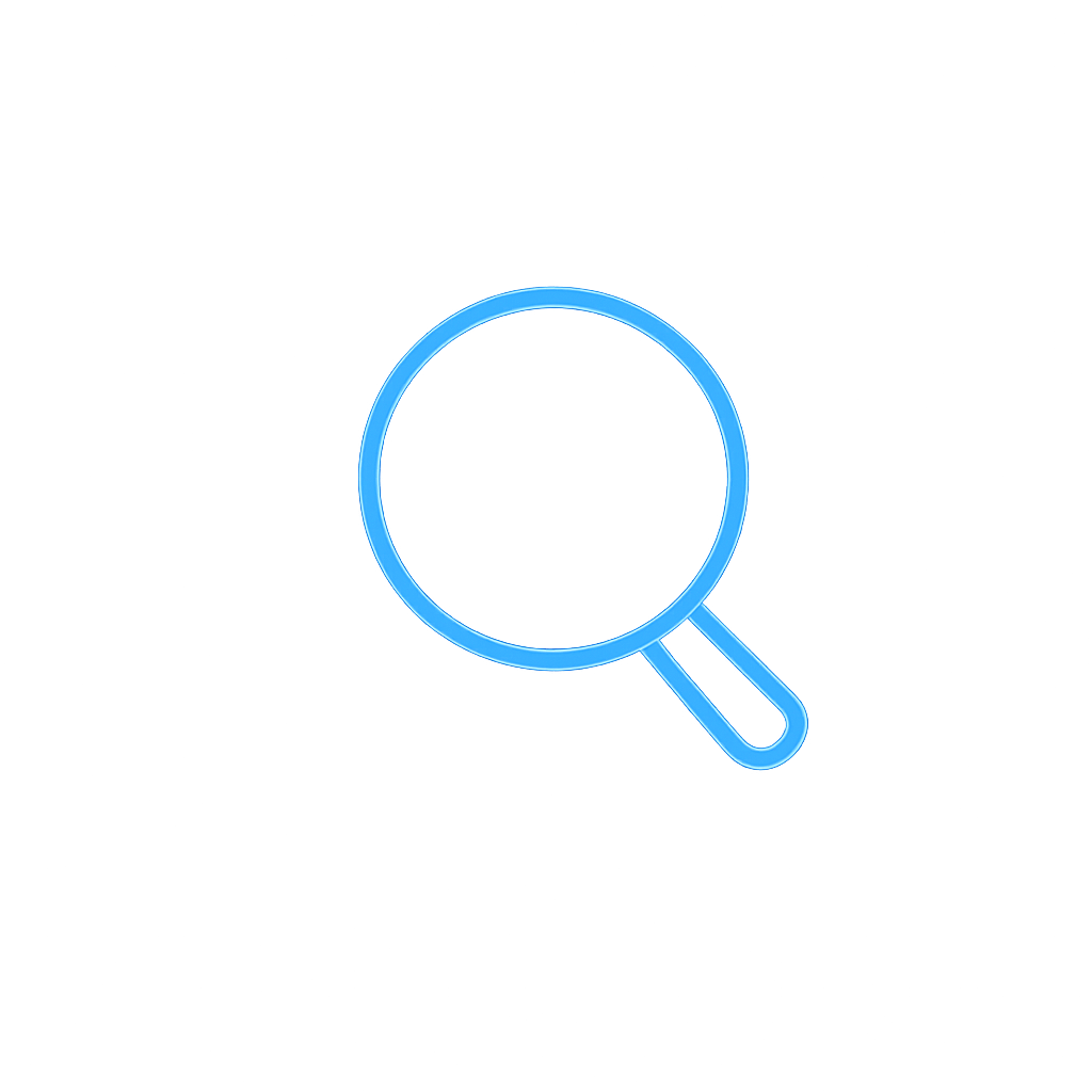 A simple blue outline icon of a magnifying glass over a circle on a plain white background.