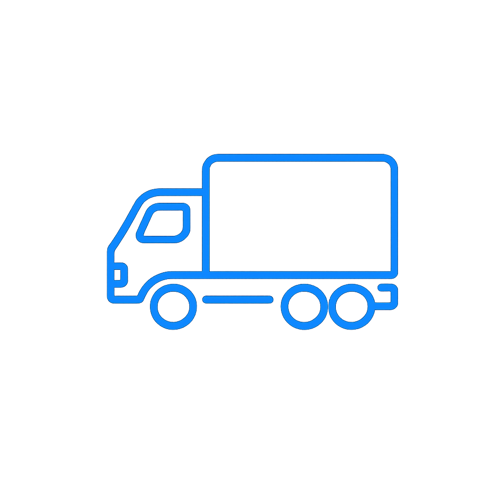 A simple blue line icon of a box truck on a plain white background.