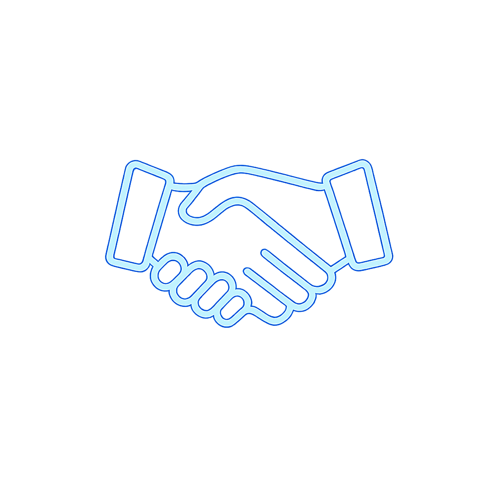 A light blue and dark blue handshake icon on a solid white background.