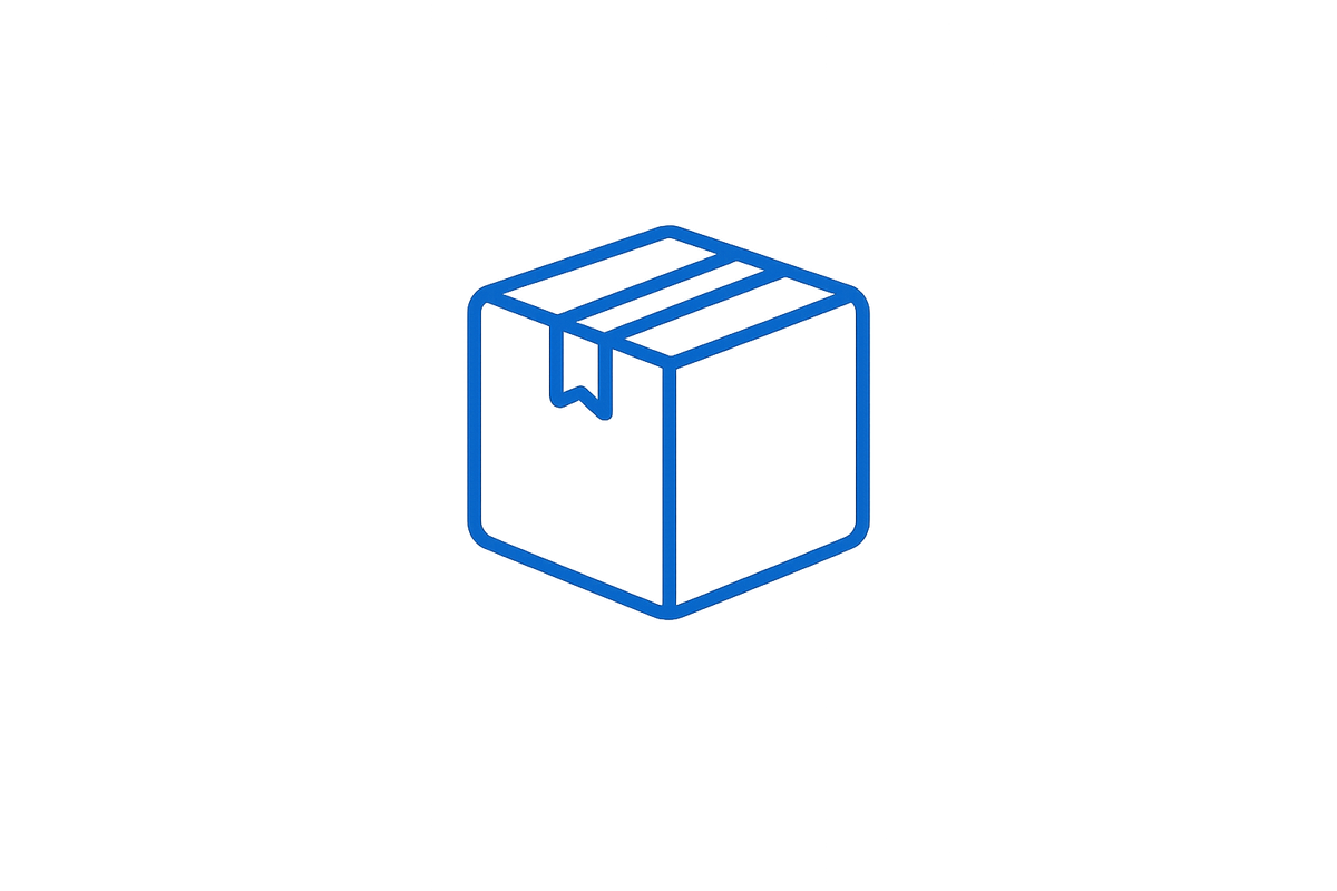 A simple blue line icon of a cardboard shipping box centered on a light gray background.