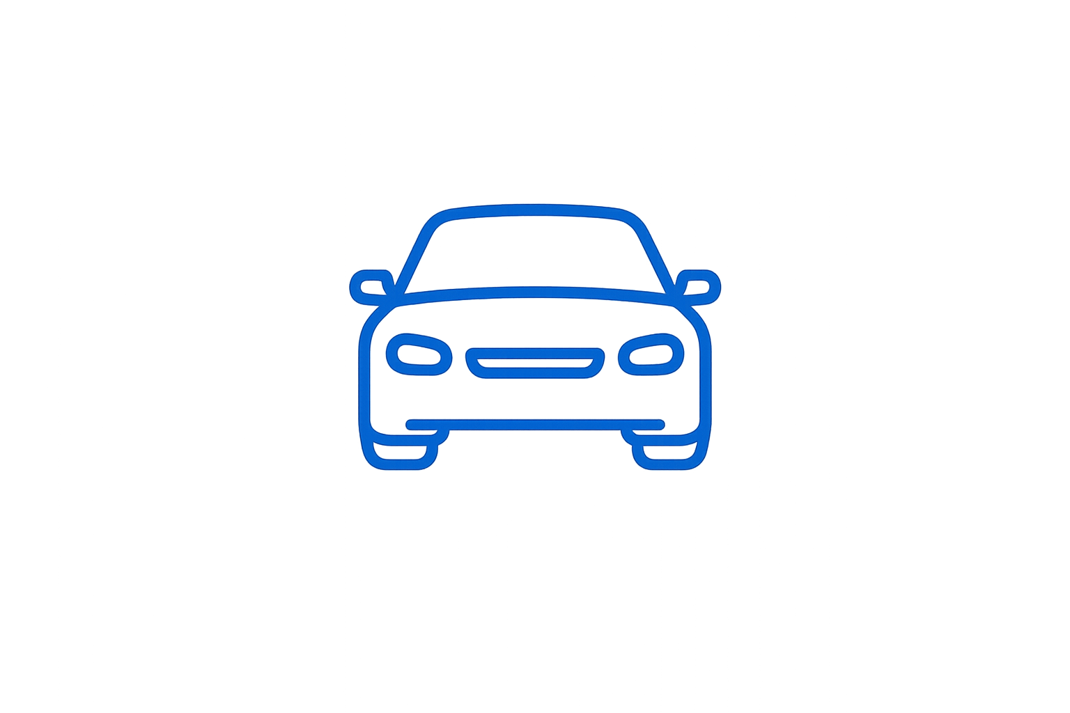 A simple blue line drawing of a car front on a plain white background.