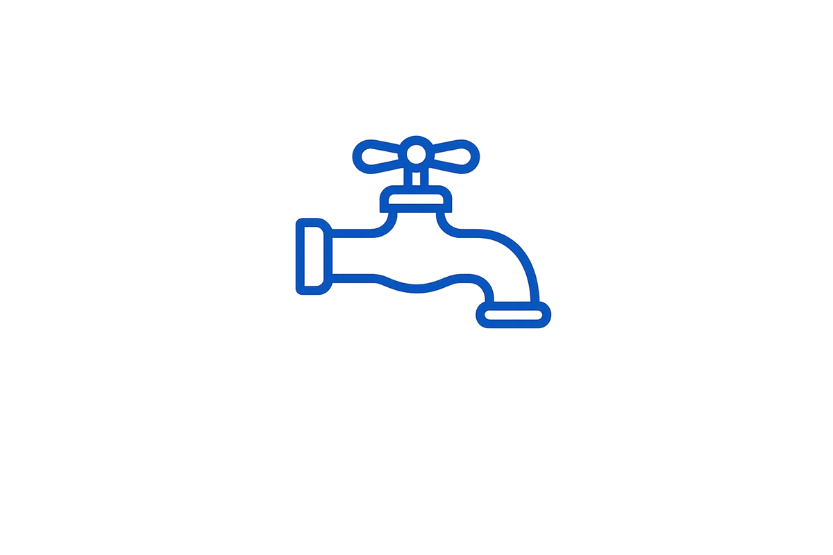 A blue line icon of a faucet on a plain white background.