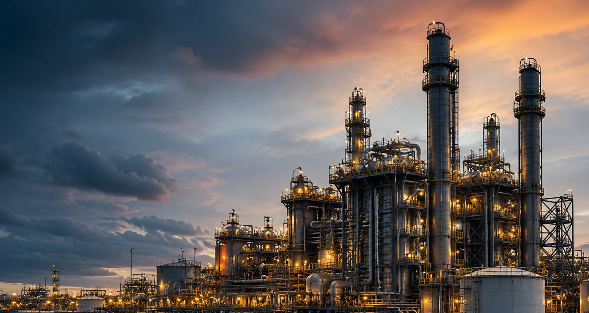 An industrial oil refinery complex with tall distillation towers and glowing warm lights, set against a dramatic cloudy sky at dusk with blue, gray, and orange tones. globe sourcing for polymer plastic granules trader indentor importer distributor pp pe pvc hdpe ldpe lldpe mldpe flame retardants masterbatches polypropylene raffia