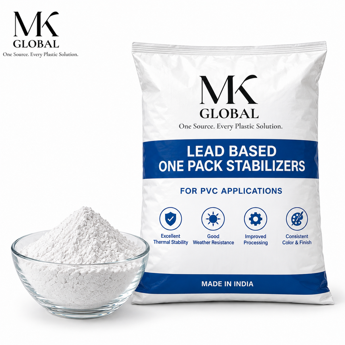 A bag of MK Global Lead Based One Pack Stabilizers for PVC applications, shown next to a small glass bowl filled with white powder on a clean white background.