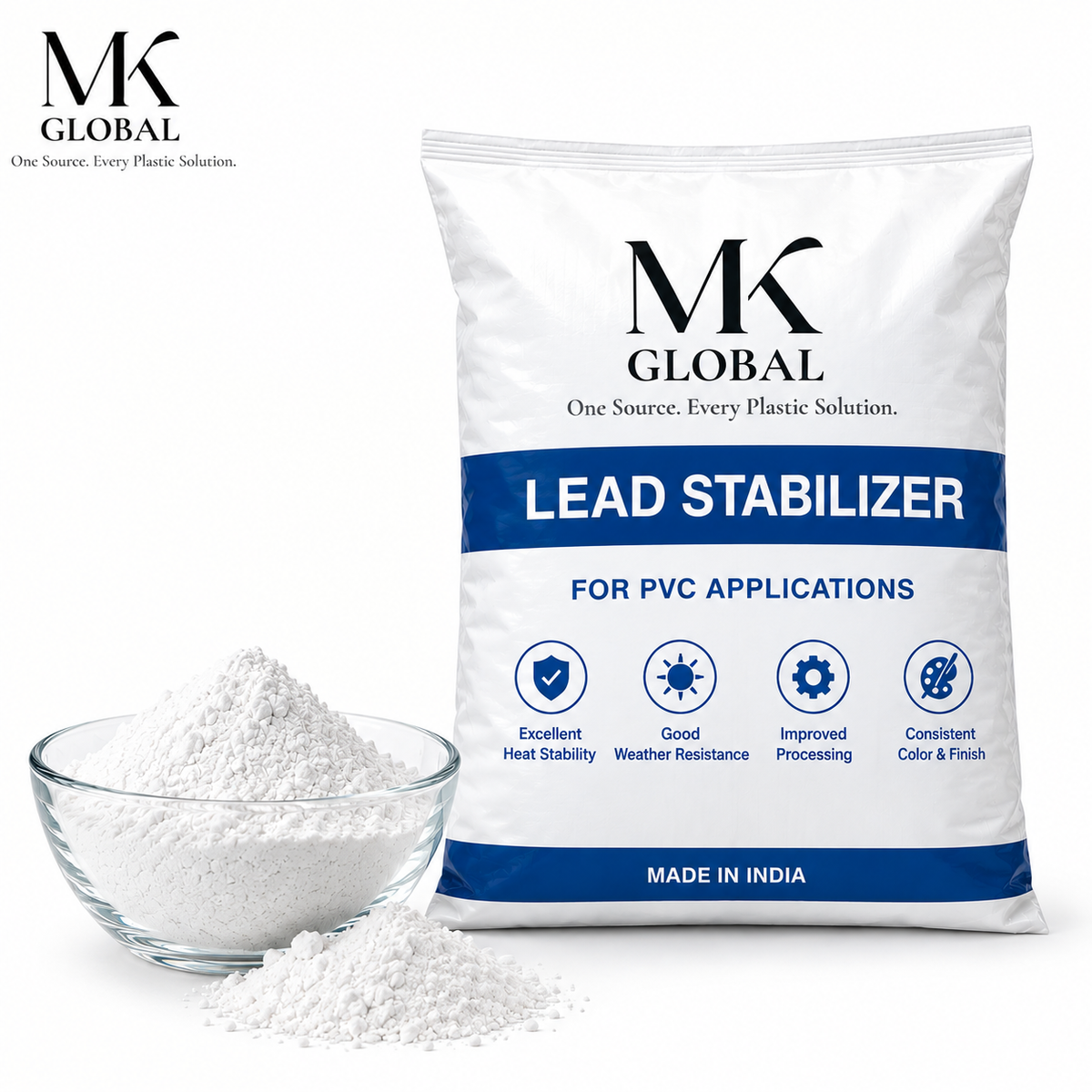 A white bag of MK Global Lead Stabilizer for PVC applications, shown next to a small glass bowl and loose pile of white powder on a clean white background.