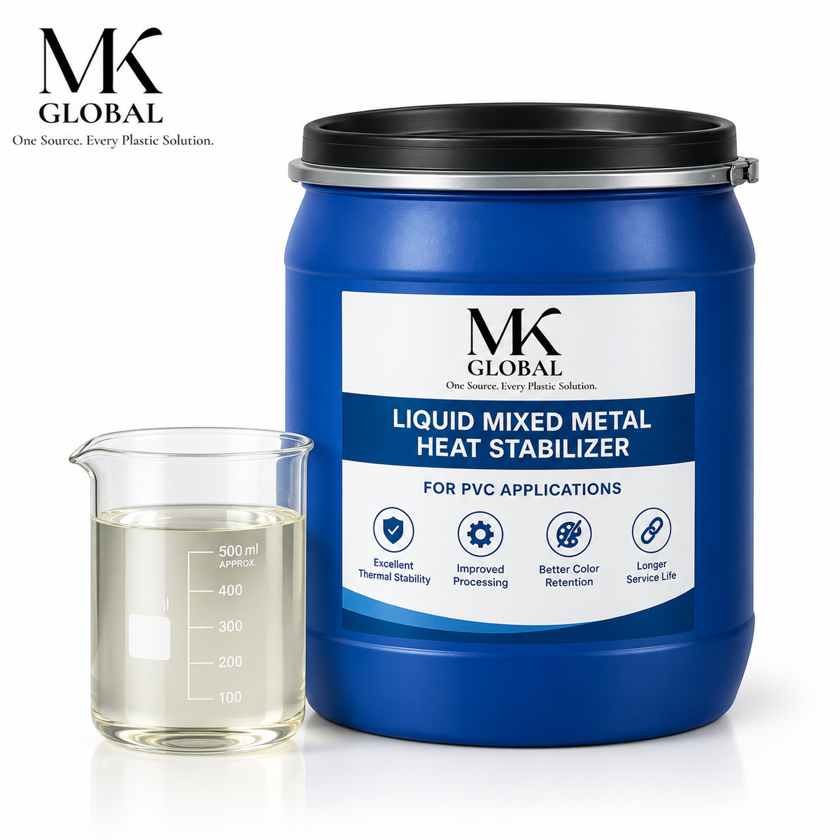 A large blue plastic jar of MK Global Liquid Mixed Metal Heat Stabilizer with a black lid, shown next to a clear glass beaker containing the clear liquid product, on a white background.