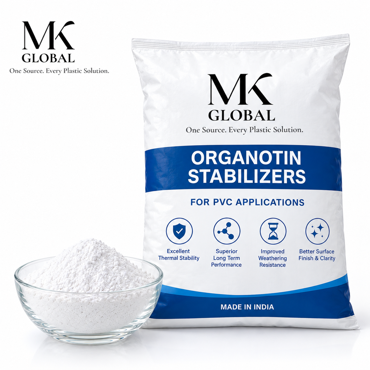 A white bag of MK Global Organotin Stabilizers for PVC applications, shown next to a small clear glass bowl filled with white powder on a clean white background.