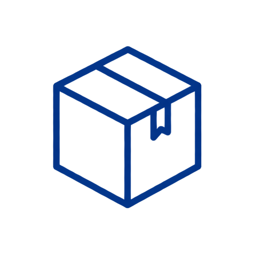 A simple blue line drawing of a cardboard shipping box on a plain white background.
