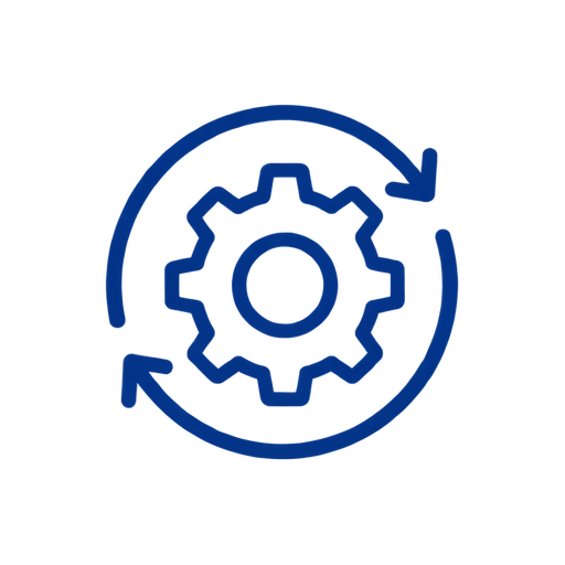 A blue line icon of a gear inside a circular arrow, centered on a plain white background.