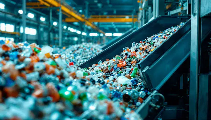 A large industrial recycling facility with a conveyor belt filled with mixed plastic and glass bottles, shown in a blue-toned factory interior.