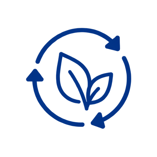 A dark blue recycling icon featuring a central leaf motif enclosed by a circular arrow loop, isolated on a white background.