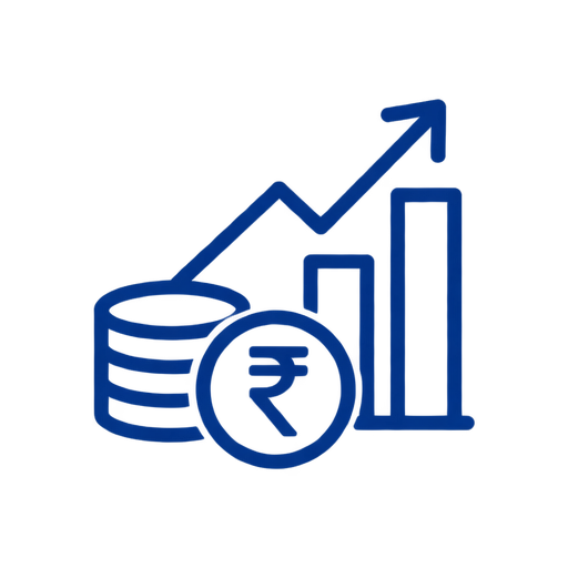 A dark blue line icon depicting stacked coins, a coin with a Rupee symbol, and a rising bar graph with an upward arrow, set against a solid white background.