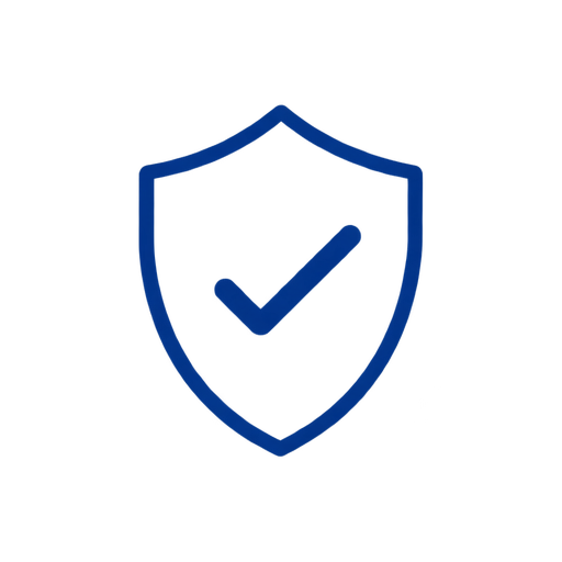 A dark blue outline shield icon containing a checkmark, centered on a solid white background.